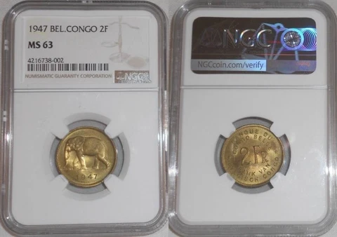 1947 Two Francs Brass Coin Belgian Congo Elephant Moving Left NGC Graded MS 63 Cover