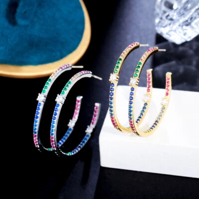 CWWZircons Rainbow Color CZ 925 Silver Round Circle Hoop Earrings Ladies Jewelry — 第 1/4 张图片