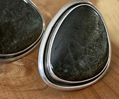 Pendientes de clip vintage firmados Jas .925 oro negro natural brillo obsidiana Foto 1 de 4