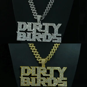 HipHop Iced DIRTY BIRDS Letter Pendant Necklace Crystal CZ Chain Fashion Jewelry - Picture 1 of 9