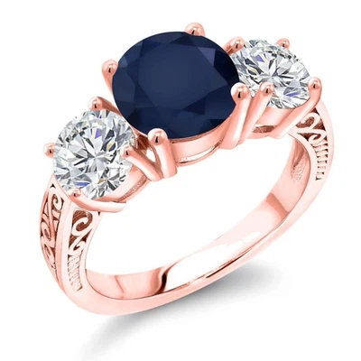 Anel de prata folheado a ouro rosa 18K com safira azul e diamante cultivado em laboratório 3,94 quilates - Imagem 1 de 4