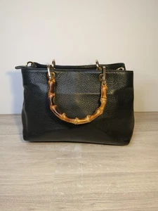 Usado en Excelente Condición Gianni Notaro Bolso Hobo de Cuero Negro Asas de Bambú Hecho en Italia Cartera - Imagen 1 de 11