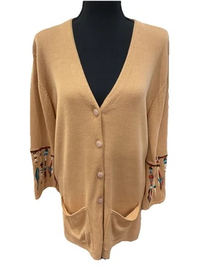 Cárdigan Suéter Bob Mackie Usable Art Southwestern Plumas Bordadas LG Foto 1 de 4