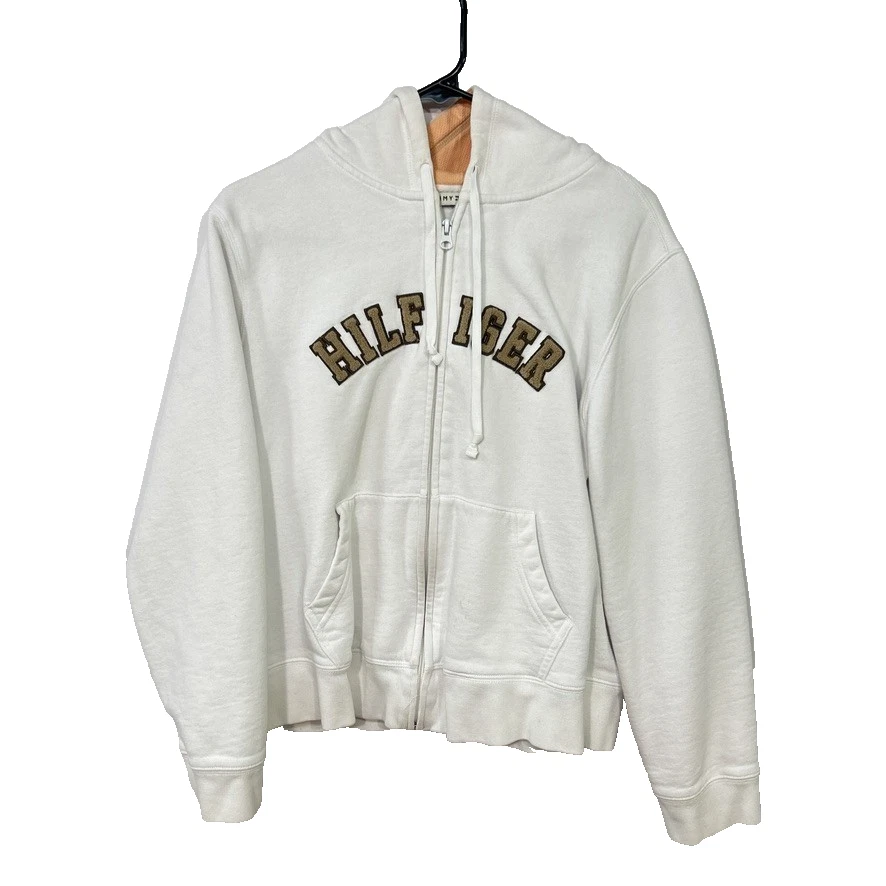 Tommy Hilfiger 白色全拉链连帽衫 XL 刺绣标志 90 年代 Y2K 街头服饰 — 第 1/4 张图片