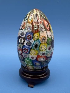 Vintage Murano 3" Millefiori Glass Egg Paperweight w/ Wood Stand - Picture 1 of 5