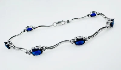 Estate Solid 10K White Gold Blue Sapphire Curved Wavy Link Bracelet 7", 4g - Image 1 of 4