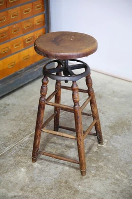 Antique Drafting Stool Oak Cast Iron adjustable swivel chair shop industrial VTG - Image 1 of 4