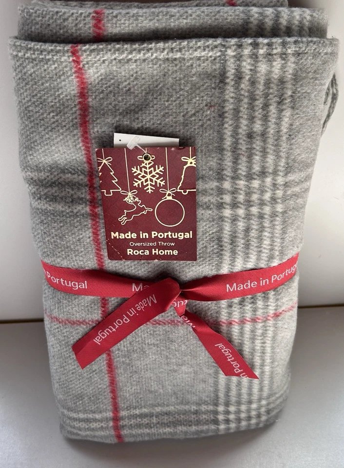 Roca Home Throw Blanket Made in Portugal Cotton Blend Grey Red Ivory 50”x67” - Image 1 of 4