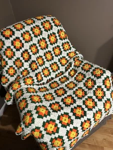 Vintage granny square afghan blanket oversized 114x80 green orange yellow white - Picture 1 of 10