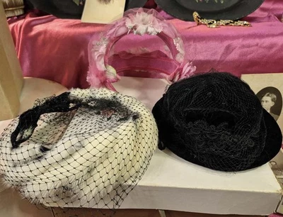 Vintage Hats - Rabbit Fur Halo Hat, Pink Flower Fascinator & Black Suede Cloche - Image 1 of 4