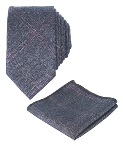 Mens Boys Kids Matching Check Tweed Grey Slim Tie & Pocket Square Set Hankie - Picture 1 of 6