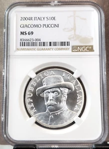 2004 ITALY SILVER 10 EURO GIACOMO PUCCINI NGC MS 69 RARE BEAUTIFUL GEM TOP POP 1 - Picture 1 of 3