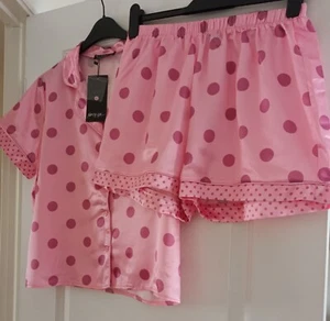 Nasty Gal Pink Spotted Silky Shortie Pyjamas, Size 12 - Bnwt - Picture 1 of 5