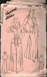 191 Vintage Sewing Hollywood Pattern Misses 1930s Housecoat Robe Button Up 16 - Picture 1 of 2