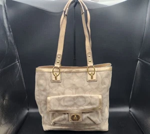 Coach Penelope Shoulder Bag F19266–Khaki Gold Linen & Leather, Large, Pre-Owned - Picture 1 of 22