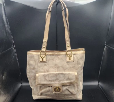 Bolso de Hombro Coach Penelope F19266–Caqui Dorado Lino y Cuero, Grande, Usado Foto 1 de 4