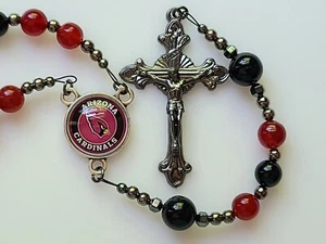 Arizona Cardinals Rosary Necklace Football Red Agate and Black Onyx Gemstones - Picture 1 of 12