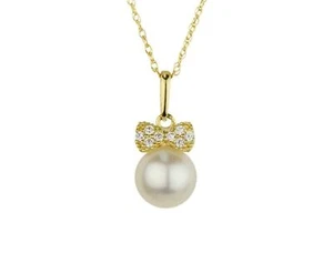 14K Yellow Gold Bow Tie Freshwater Pearl CZ Pendant Necklace Rope Chain - Picture 1 of 3
