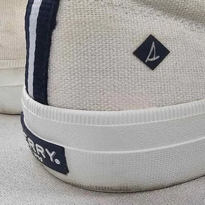 White Canvas Sperry - Size  Men's 8.5 /Womens -10. Color - White-Navy Blue. - Picture 1 of 5