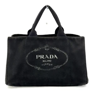 PRADA CANAPA Tote Bag Handbag Canvas Black Gold Logo 0203 - Picture 1 of 19