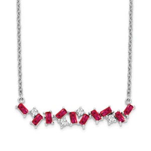 14K Solid White Gold Ruby Diamond Bar Chain Necklace - Picture 1 of 8