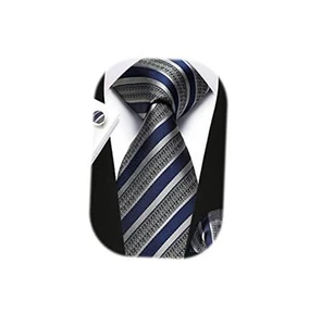 Mens Ties Stripe Tie and Pocket Square Set Classic Formal C04-navy Blue & Grey - Picture 1 of 6
