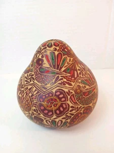 Handgeschnitzter peruanischer Anden dekorativer Kürbis Vogel & Blumen Farbdesign  - Bild 1 von 9