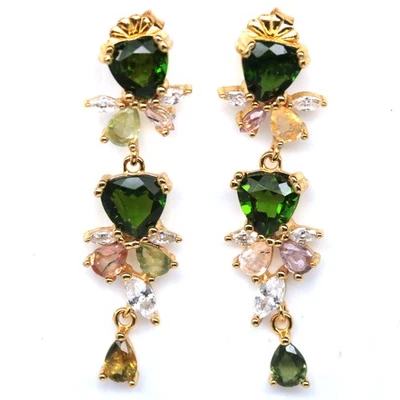 Pendientes de plata 925 hechos a mano de diopsido de cromo verde, zafiro y circonitas cúbicas Foto 1 de 4