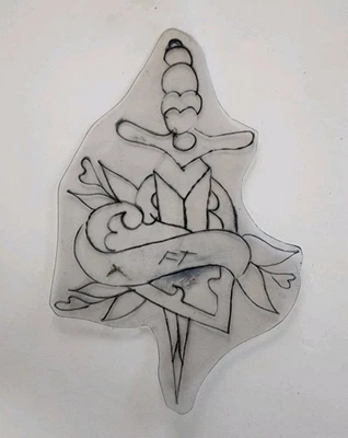 original antike Fred Thornton FT Dolch Herz Tattoo Acetat Flash Schablone 3x5 - Bild 1 von 3