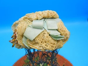 Antique Doll HAT Small Beaded Embellished Lace & Ribbon Trimmed Bonnet - Picture 1 of 13