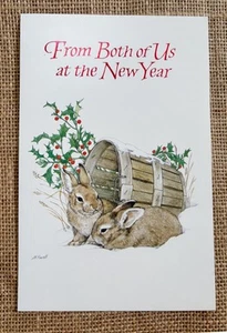 Tarjeta de Año Nuevo de Colección Linda K Powell Conejito Conejos Barril de Nieve Invierno Pacífico - Imagen 1 de 5
