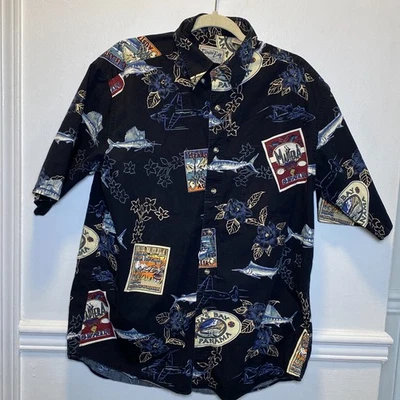 Bimini Bay Men’s Hawaiian Shirt L Black Fishing Marlin Travel Print 100% Cotton - Image 1 of 4