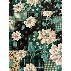 Vintage Concord Fabric by Kesslers White Poinsettia Green/Black BTHY - Picture 1 of 4