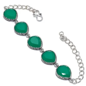 Green Onyx Gemstone Silver Plated Jewelry Bracelet 7-8" - Picture 1 of 1