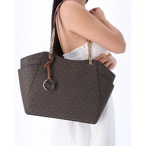 Michael Kors Jet Set Chain Brown MK Signature Large Shoulder Tote Bag - Picture 1 of 7