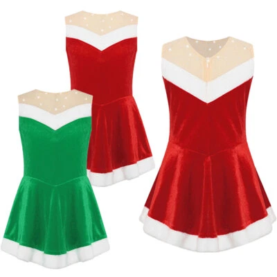 Kids Girls Santa Claus Costume Flannel Christmas Dress Ice Skating Sleeveless - Image 1 of 4