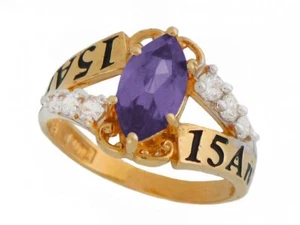 10k or 14k Gold Simulated Alexandrite and White CZ 15 Anos Quinceanera June Ring - Picture 1 of 1