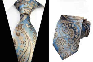 Neue klassische Herrenkrawatte Paisley gold blau grau JACQUARD GEWEBT 100 % Seide - Bild 1 von 2
