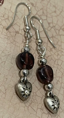 Antiqued Pewter & Crystal 3-D Puffy Heart Purple Bead Dangle Earrings Jewelry - Image 1 of 4