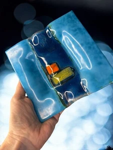 Fused Art Glass Trinket Dish 5.5” Square Multicolor Bias Mosiac Stripes - Picture 1 of 5