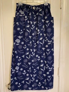 SUSAN BRISTOL Floral Toile Elastic Waist Navy Cotton Midi Skirt MEDIUM Pockets - Picture 1 of 7
