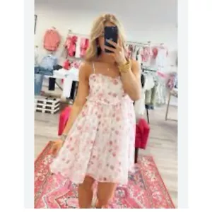 Storia Chiffon Floral Sweetheat Mini Babydoll Dress L White Pink Loose Flowy - Picture 1 of 6