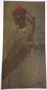 RARE 24x12 Vintage MAN PLAYING African HARP Lithograph OTTO Print NOS MCM Domu - Picture 1 of 6