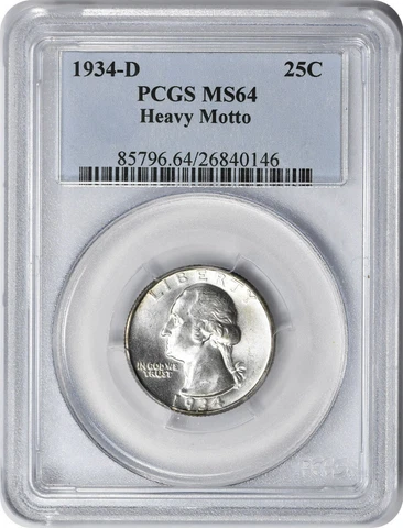 1934-D Washington Silver Quarter Heavy Motto Small D FS-501 MS64 PCGS Cover
