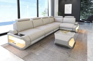 Sofa Eckcouch Designersofa Couch Siena L Form Lang Leder Eck Ledersofa Beige LED - Bild 1 von 11