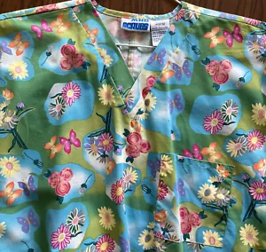 Scrub V-Neck  Print Scrub Top Butterflies & Flowers Size M Multicolor - Picture 1 of 6