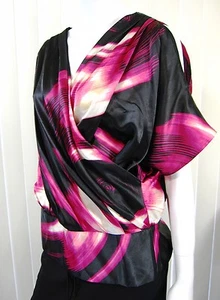 DKNYC SHORT SLEEVE BLOUSE Top SIZE 8 pink black Surplice Neck cold shoulder - Picture 1 of 6