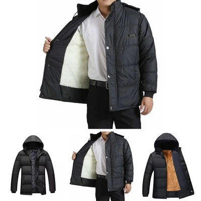 Men Thickened Plush Hooded Down Cotton Jacket Solid Color Warm Coat Outerwear - Image 1 of 4