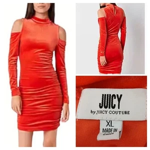 Juicy Couture Dress XL Velour Ruched Bodycon Cold Shoulder High Neck Red Orange - Picture 1 of 11