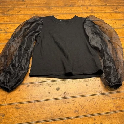ZARA 黑色袖口透明 Organza 上衣长袖圆领女式 S 码 — 第 1/4 张图片